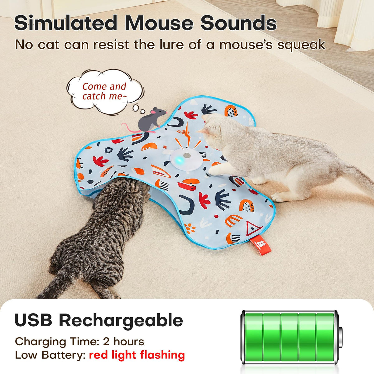 Dark Blue Rechargeable Interactive Cat Toy with Moving Concealed Feathers & Squeaky Mouse – Touch Activated Exercise Toy