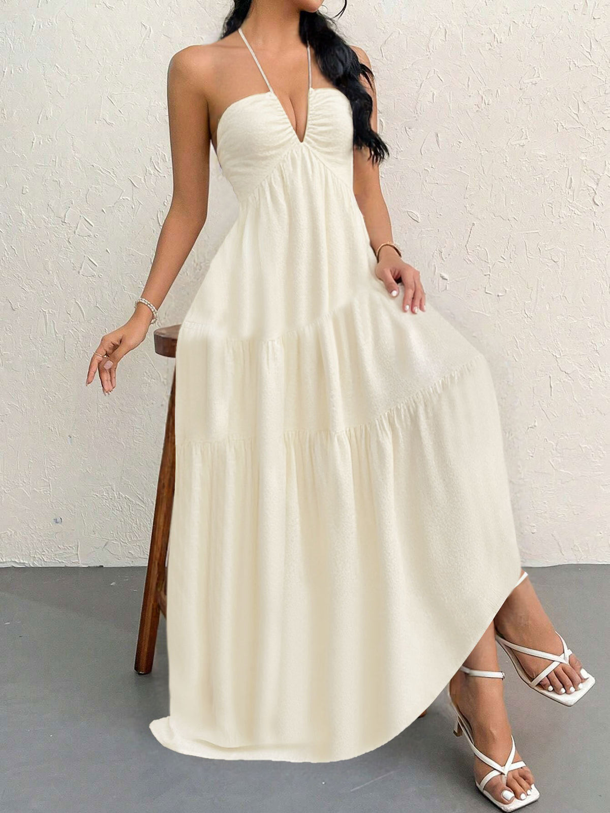 Apricot S Size Women's Elegant Halter Maxi Dress Summer Backless V-Neck Sleeveless Long Beach Resort Gown