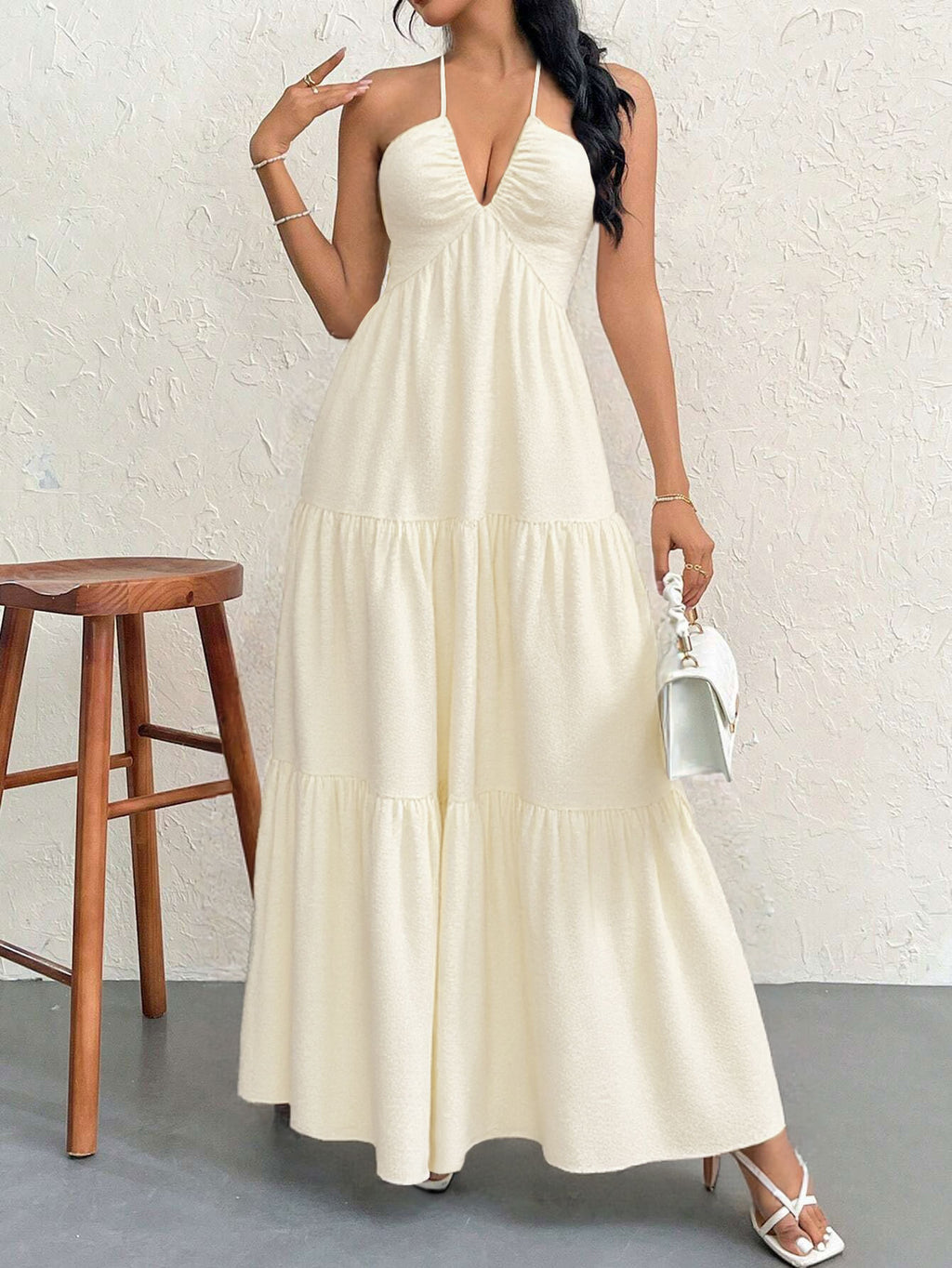 Apricot M Size Women's Elegant Halter Maxi Dress Summer Backless V-Neck Sleeveless Long Beach Resort Gown