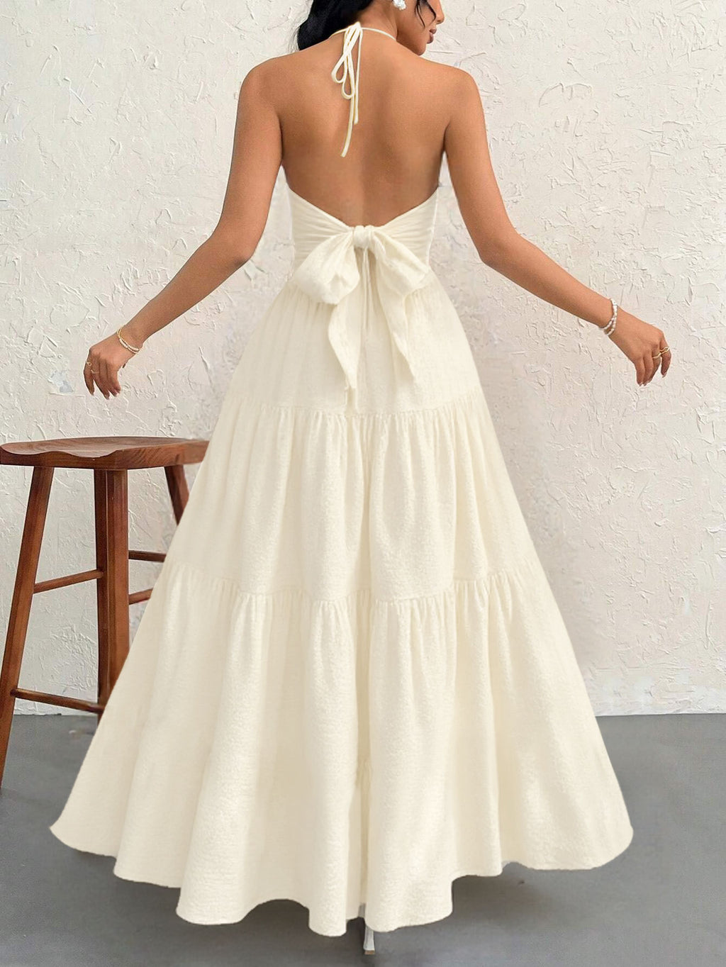 Apricot L Size Women's Elegant Halter Maxi Dress Summer Backless V-Neck Sleeveless Long Beach Resort Gown