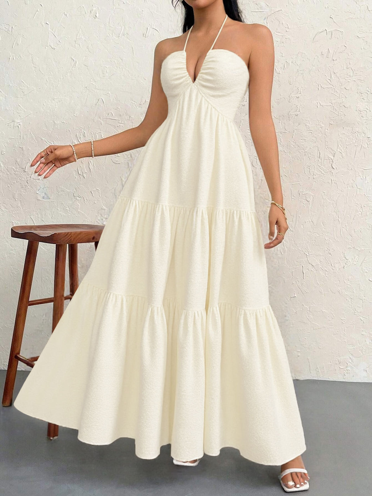 Apricot L Size Women's Elegant Halter Maxi Dress Summer Backless V-Neck Sleeveless Long Beach Resort Gown