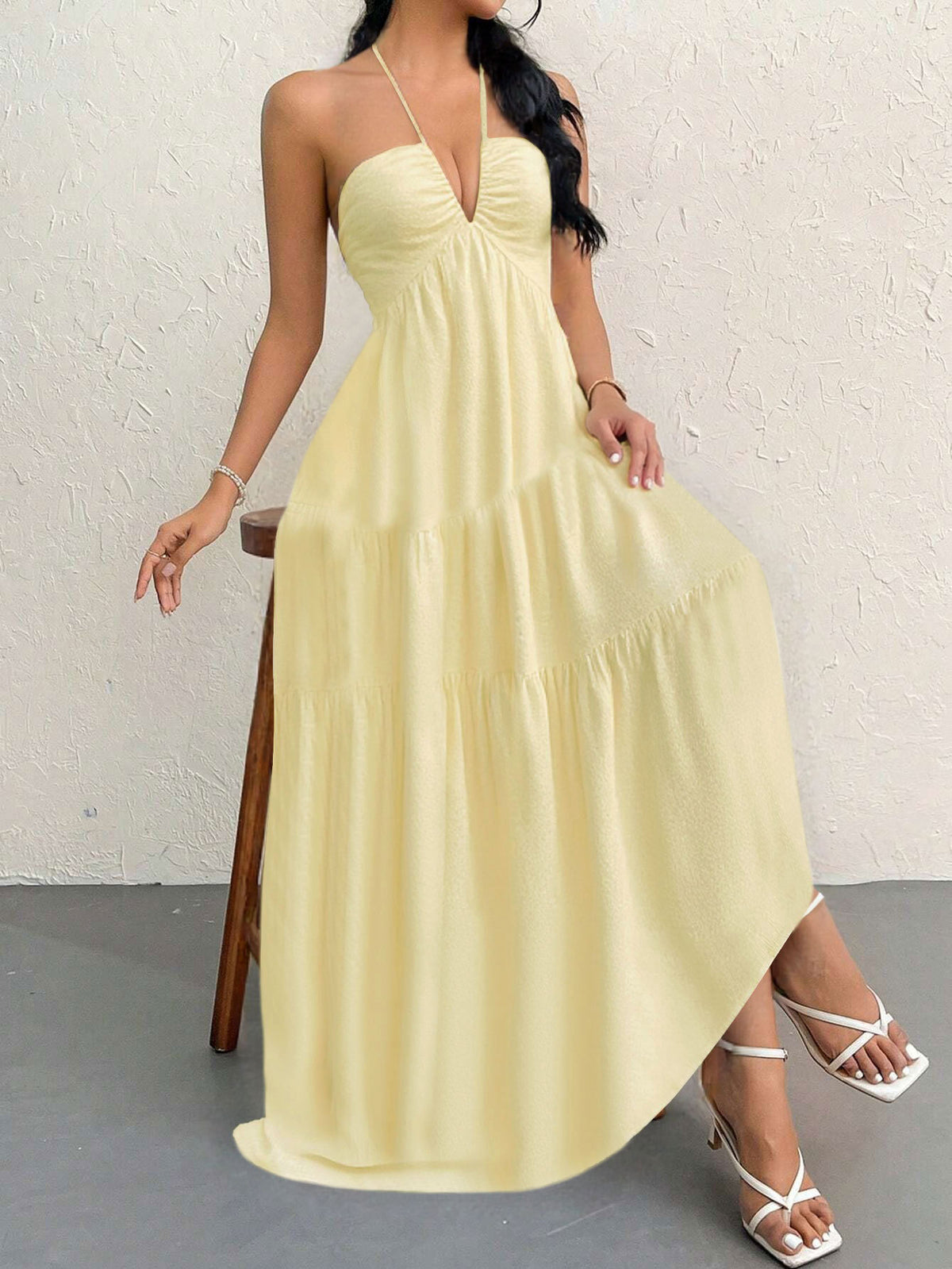 Apricot XL Size Women's Elegant Halter Maxi Dress Summer Backless V-Neck Sleeveless Long Beach Resort Gown
