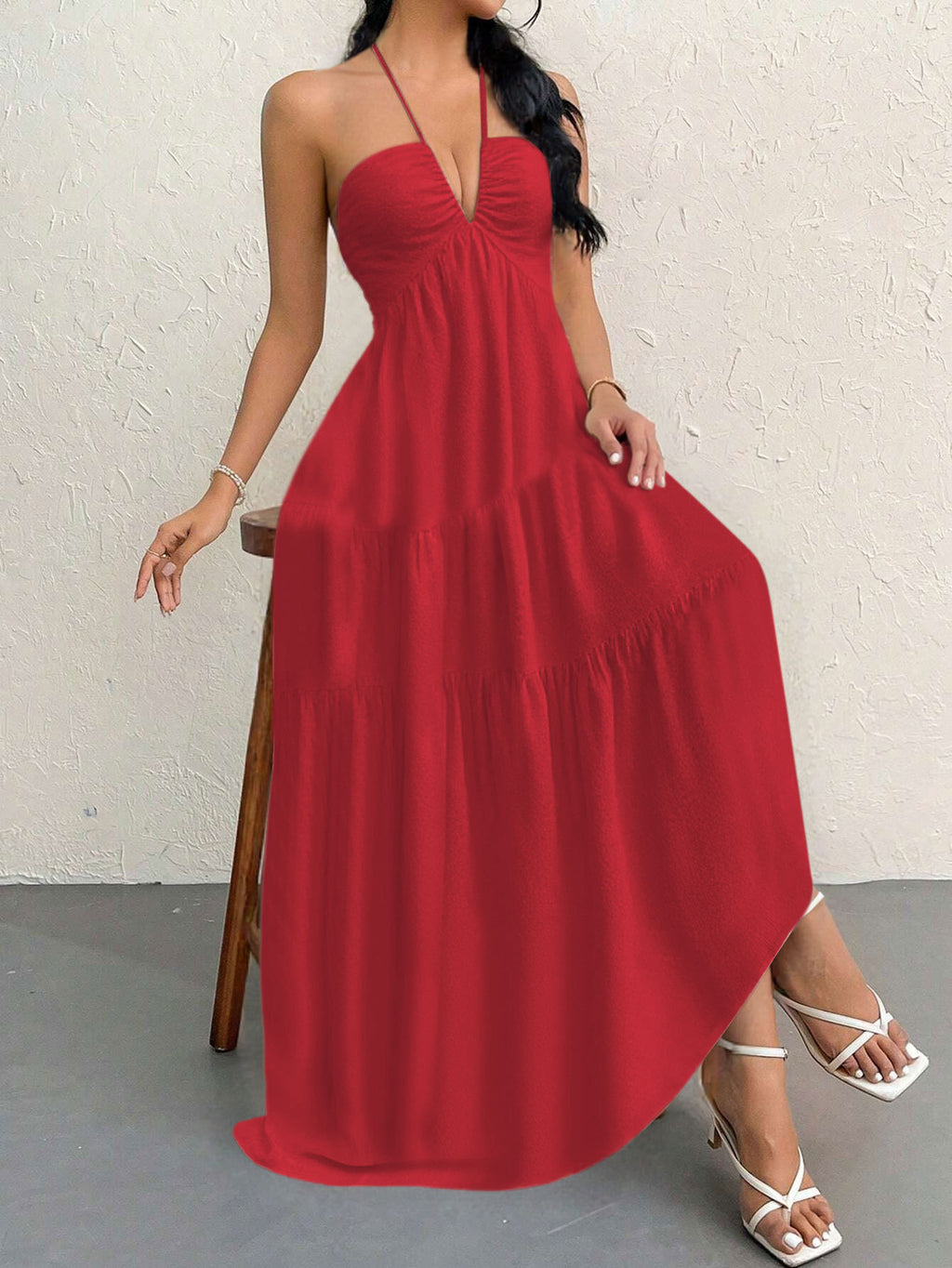 Red S Size Women's Elegant Halter Maxi Dress Summer Backless V-Neck Sleeveless Long Beach Resort Gown