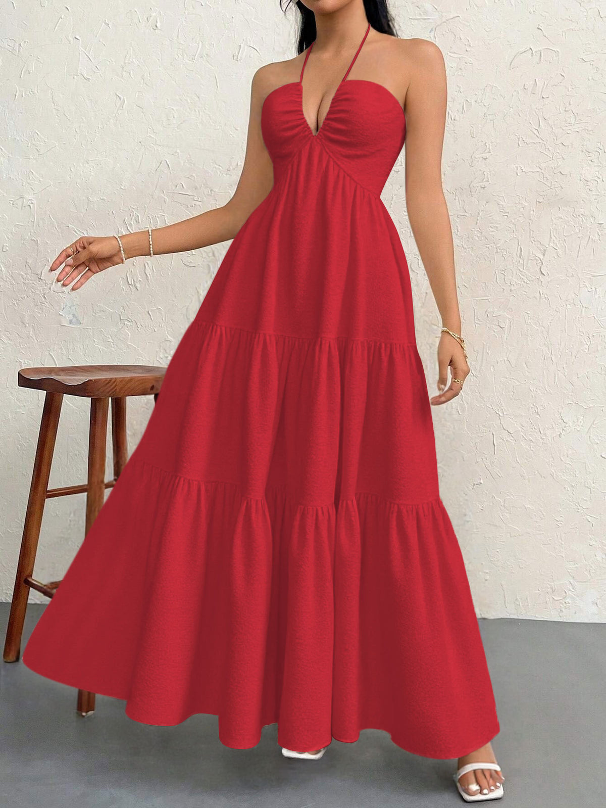 Red S Size Women's Elegant Halter Maxi Dress Summer Backless V-Neck Sleeveless Long Beach Resort Gown