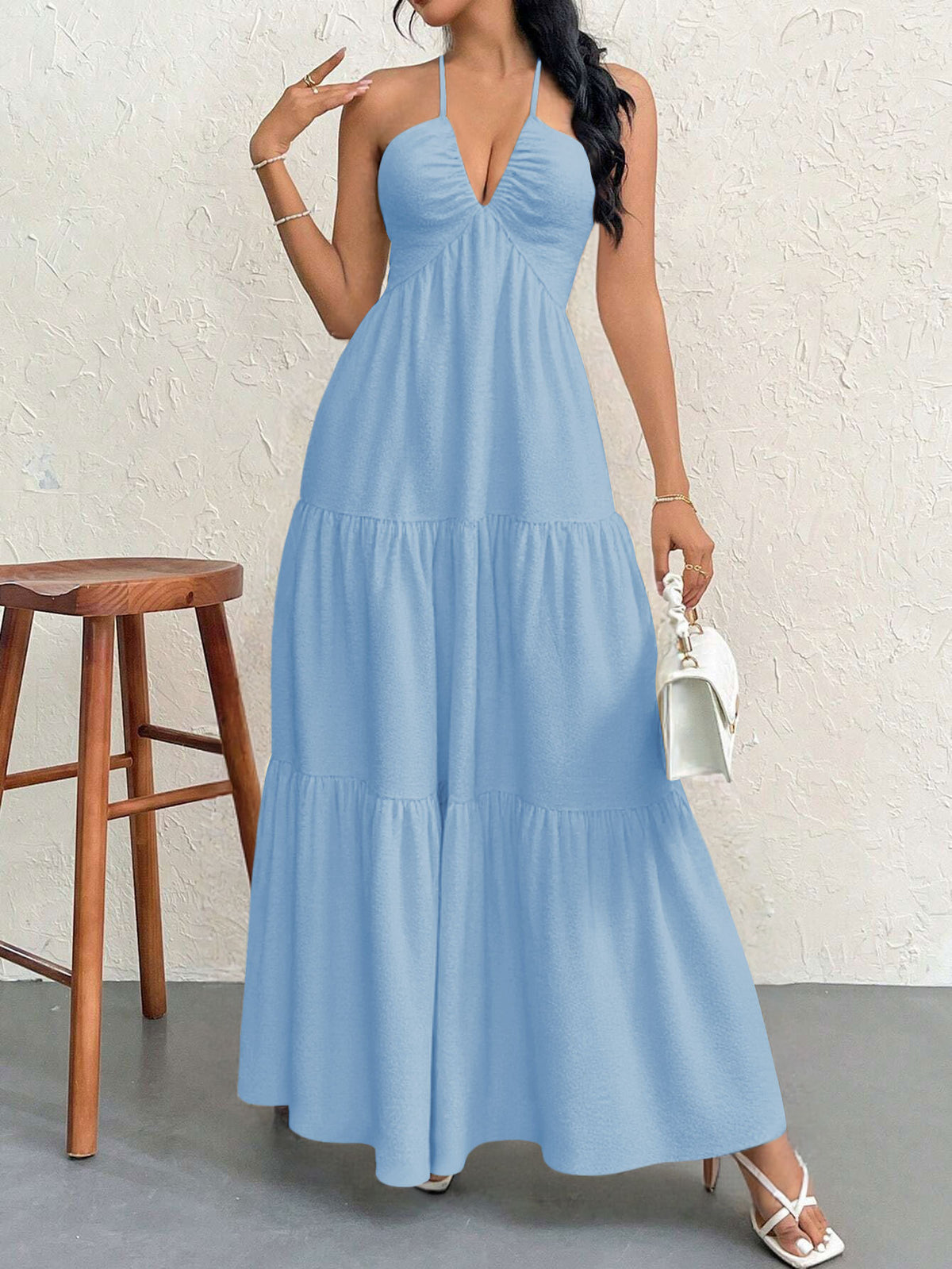 Blue S Size Women's Elegant Halter Maxi Dress Summer Backless V-Neck Sleeveless Long Beach Resort Gown