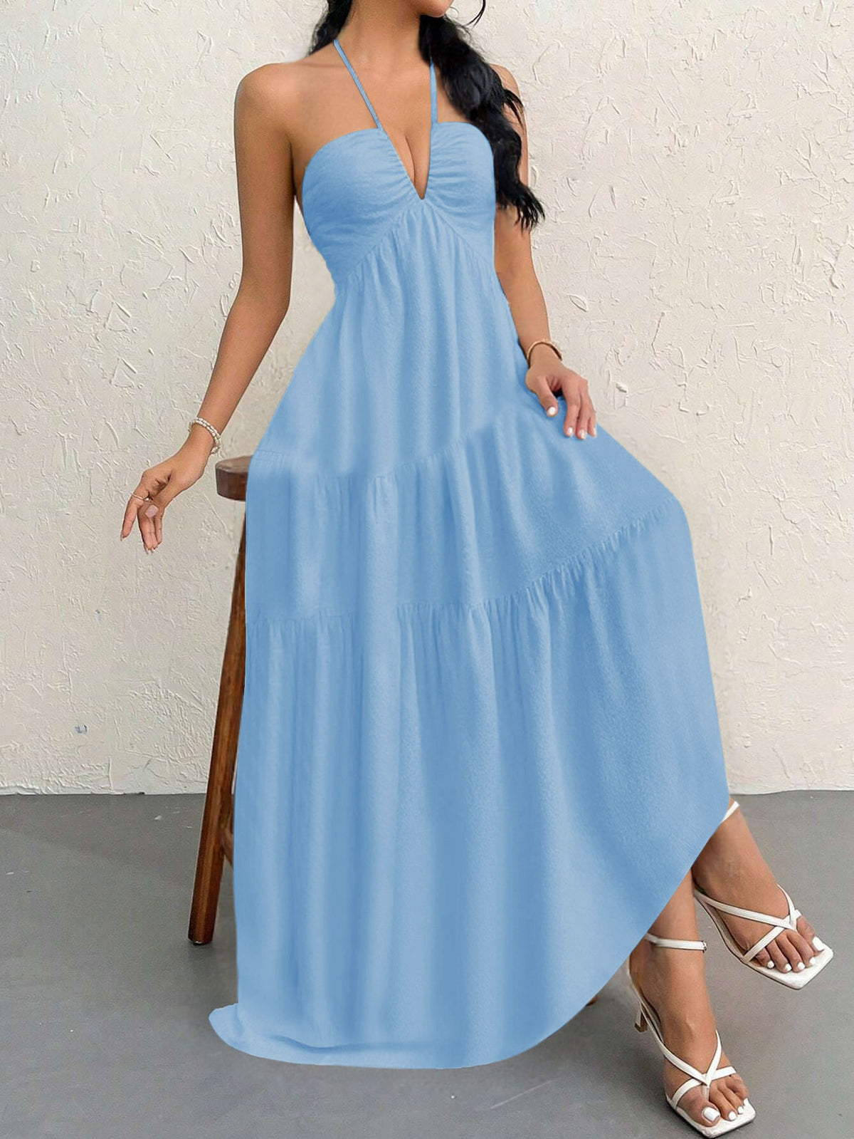 Blue L Size Women's Elegant Halter Maxi Dress Summer Backless V-Neck Sleeveless Long Beach Resort Gown