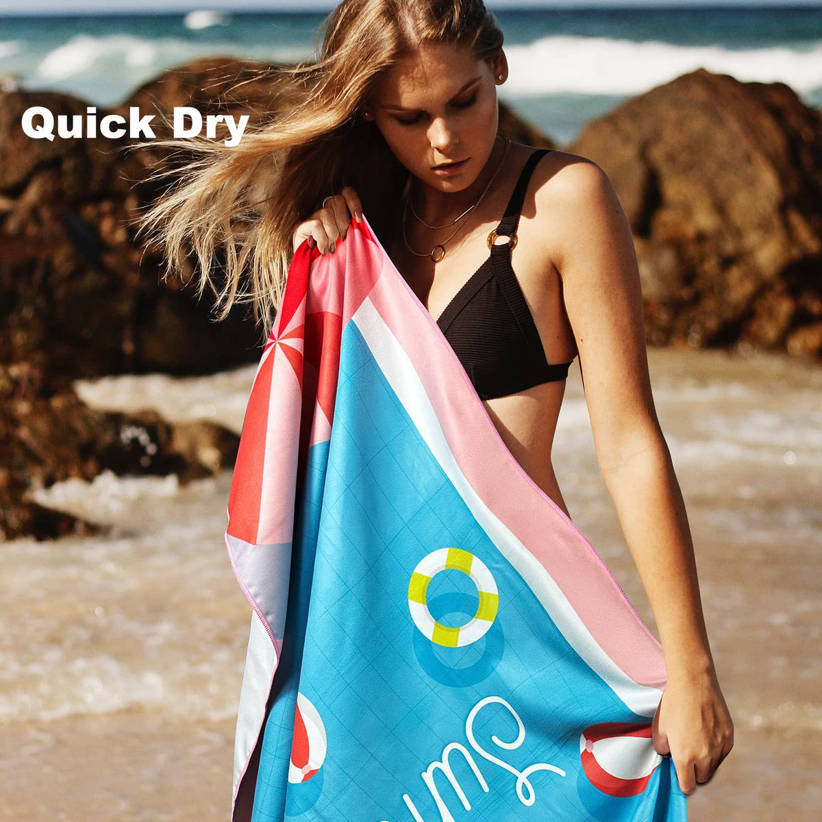 Sand Free Microfibre Beach Towel - "Hello Summer" Pool Print Quick Dry Travel Towel 70x150cm(200GSM) - Lightweight Absorbent for Beach, Swimming & Camping