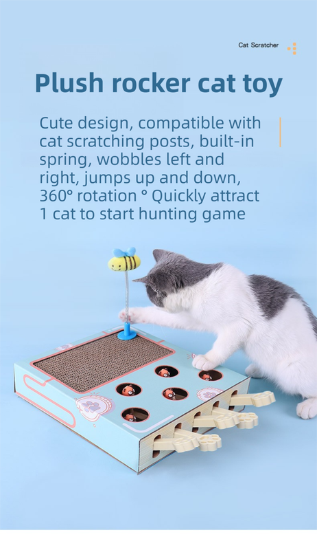 3-in-1 Whack-A-Mole Cat Toy & Scratching Lounge - Spring Swivel Toy, Interactive Puzzle Box and Multi-Functional Cat Scratcher