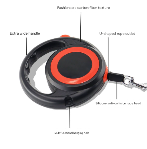 Black-Red Heavy Duty Retractable Dog Leash – Ergonomic Wide Handle, Automatic Tangle-Free Extending Lead, Carbon Fiber Texture