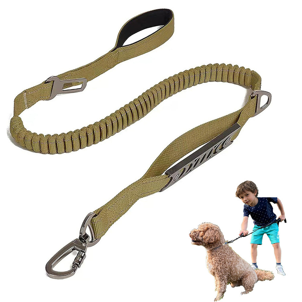 Khaki Heavy Duty Elastic Bungee Dog Leash | Anti-Pull Safety Shock Absorber | Multi-Functional Training Lead for Medium to Large Dogs
