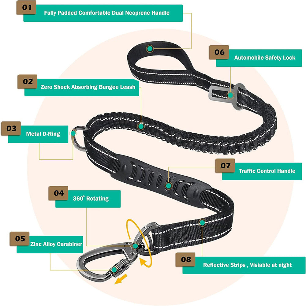 Khaki Heavy Duty Elastic Bungee Dog Leash | Anti-Pull Safety Shock Absorber | Multi-Functional Training Lead for Medium to Large Dogs