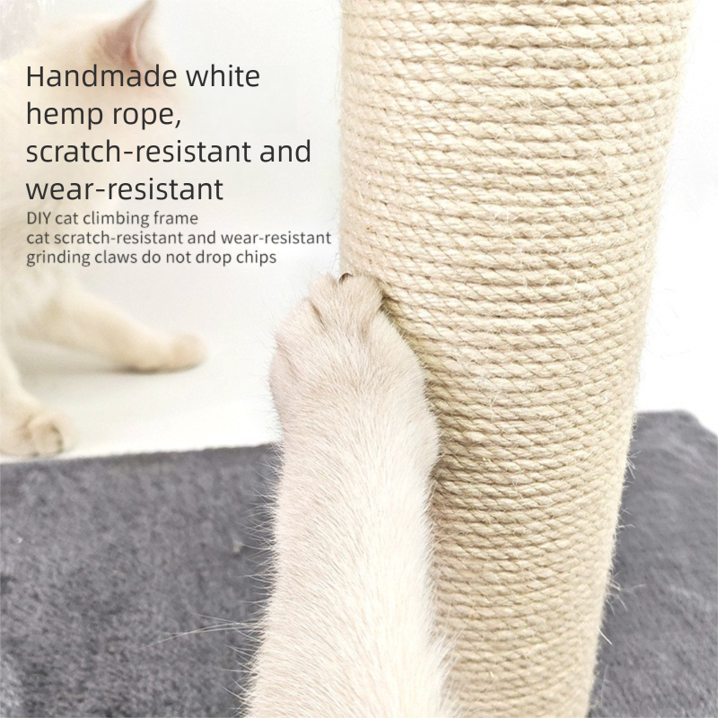 Beige Cat Climbing Frame with Sisal Scratching Post, Resting Platform & Hanging Pom-Pom Toys – Floor Standing Cat Tree for Indoor Cats