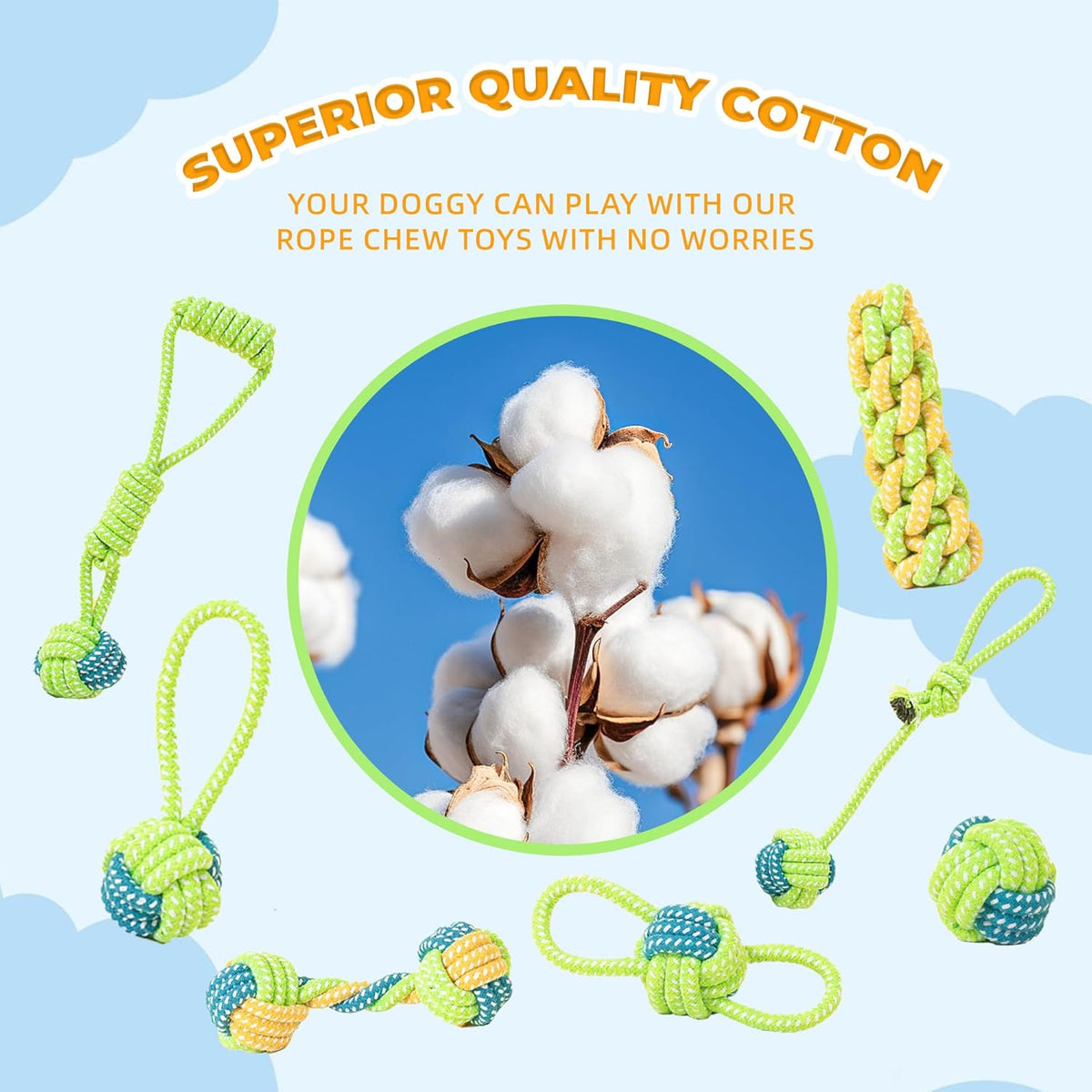 7-Piece Blue-Gray Cotton Rope Dog Toy Set – Washable Knotted Ball & Tug Toys, Durable Interactive Teeth-Cleaning Toys for Dogs & Cats