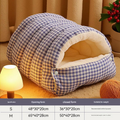 Blue Plaid Cat Cave Bed – Warm Enclosed Cat House, Cozy Semi-Enclosed Nest, PP Cotton Filling, Washable, Small Dog Bed – Size M