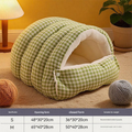 Green Plaid Cat Cave Bed – Warm Enclosed Cat House, Cozy Semi-Enclosed Nest, PP Cotton Filling, Washable, Small Dog Bed – Size M