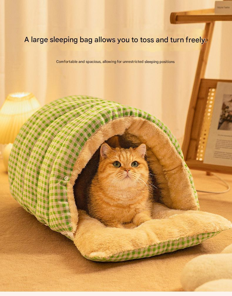 Orange Plaid Cat Cave Bed – Warm Enclosed Cat House, Cozy Semi-Enclosed Nest, PP Cotton Filling, Washable, Small Dog Bed – Size M