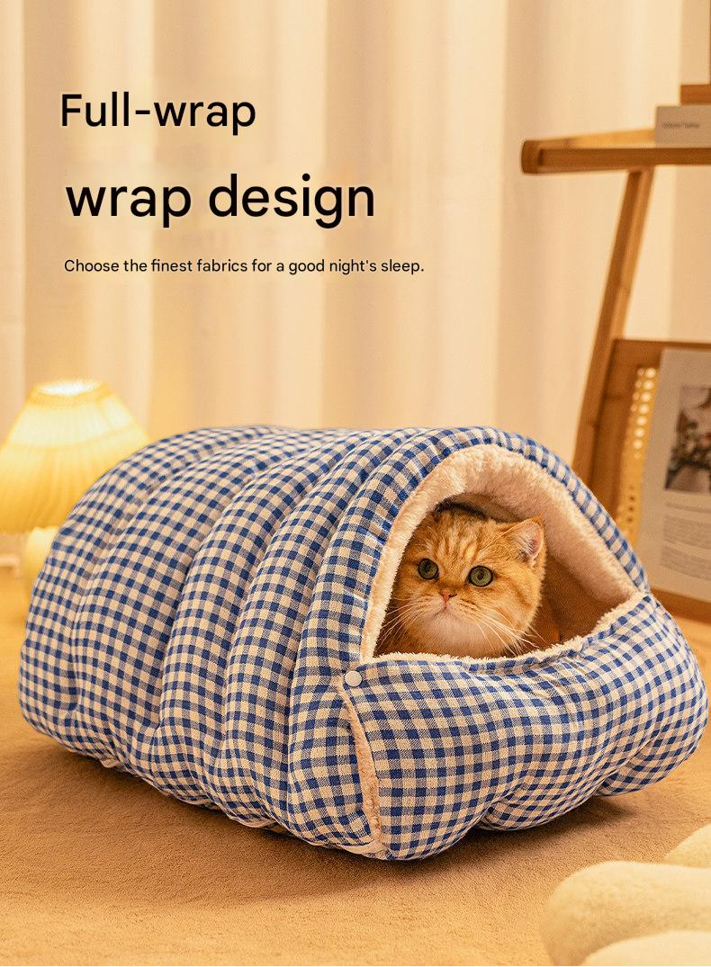 Pink Plaid Cat Cave Bed – Warm Enclosed Cat House, Cozy Semi-Enclosed Nest, PP Cotton Filling, Washable, Small Dog Bed – Size S