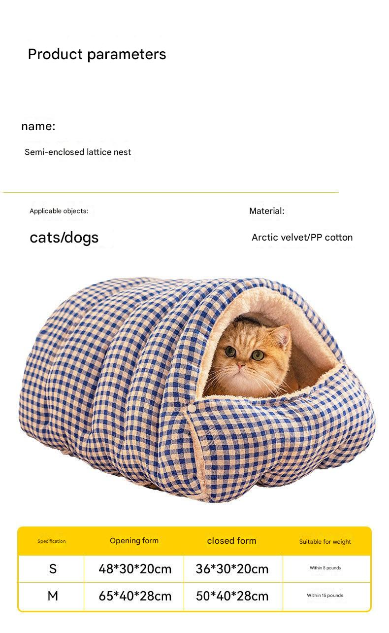Pink Plaid Cat Cave Bed – Warm Enclosed Cat House, Cozy Semi-Enclosed Nest, PP Cotton Filling, Washable, Small Dog Bed – Size S