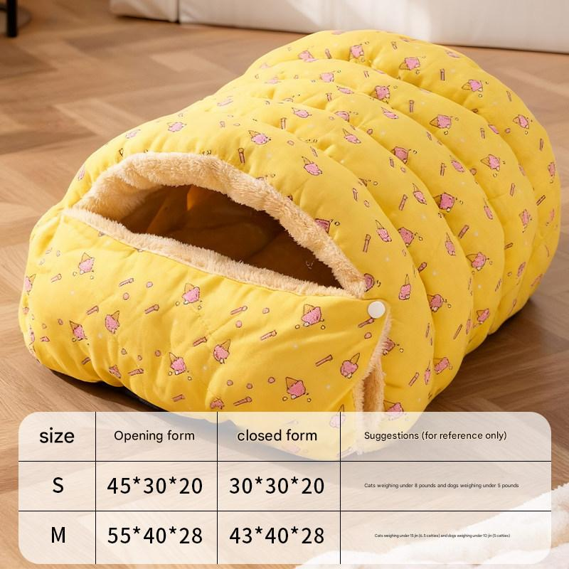 Yellow Plaid Cat Cave Bed – Warm Enclosed Pet House with PP Cotton Filling, Washable, M