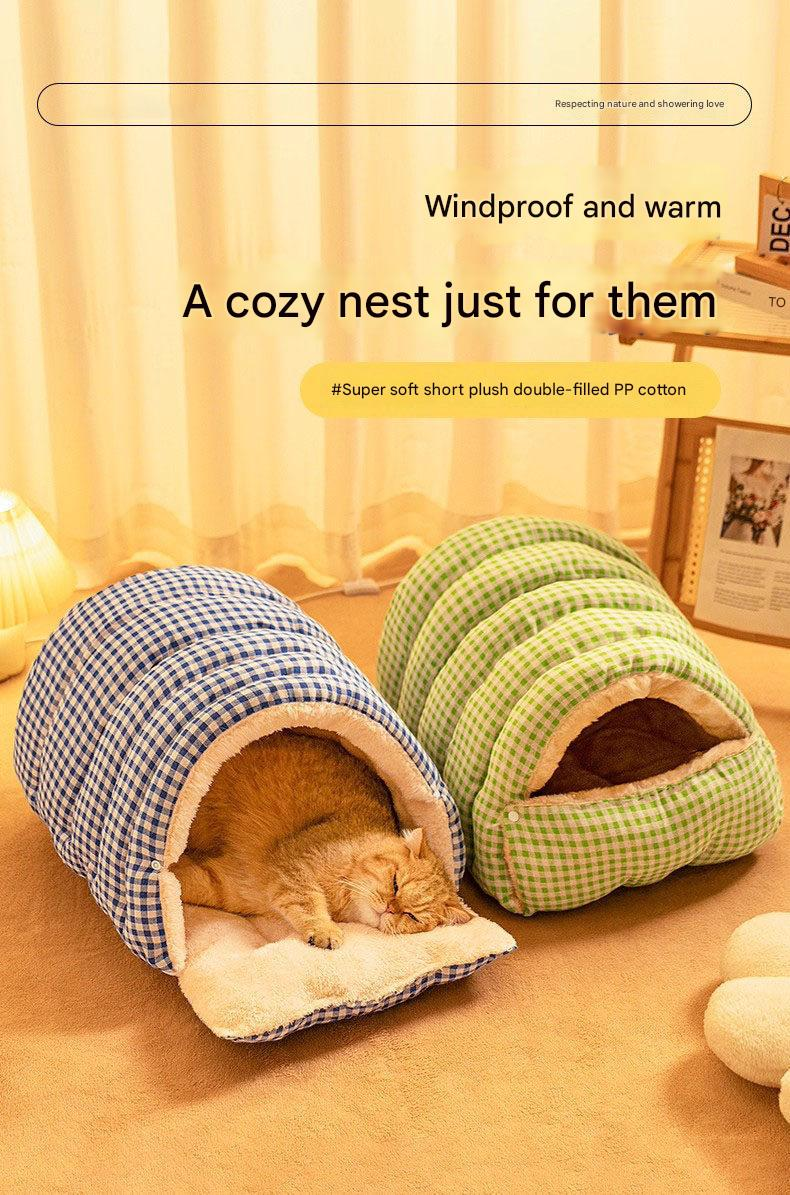 Yellow Plaid Cat Cave Bed – Warm Enclosed Pet House with PP Cotton Filling, Washable, M