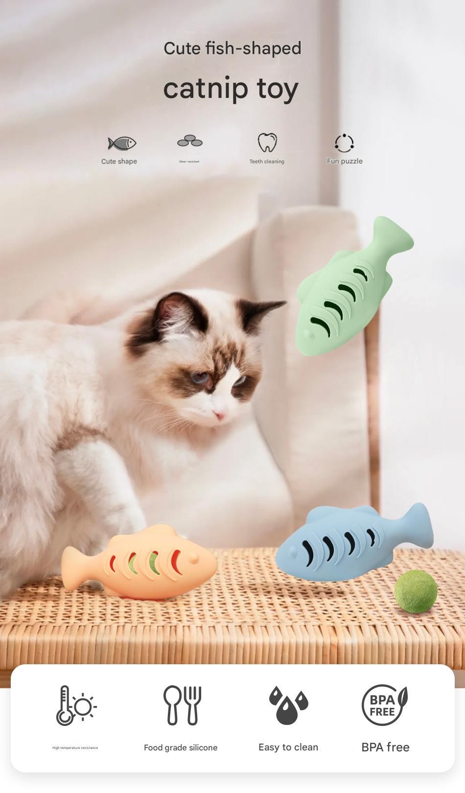 2-Piece Blue Fish-Shaped Silicone Cat Toy with Catnip – Interactive Dental Care & Hairball Relief, BPA-Free Food-Grade