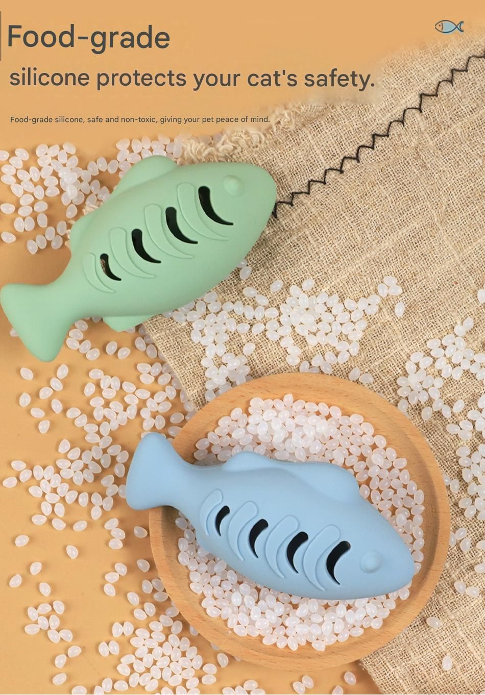 3-Piece Fish-Shaped Silicone Cat Toy with Catnip – Interactive Dental Care & Hairball Relief, BPA-Free Food-Grade