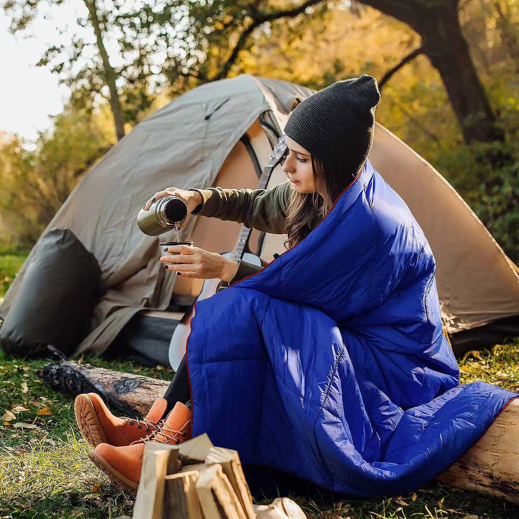 200x140cm Blue Large Outdoor Camping Imitation Silk Cotton Wearable Warmth Blanket, Quilted Poncho Shawl Throw with Storage Bag, Lightweight Warm Camping Quilt for Camping Travel Home Use