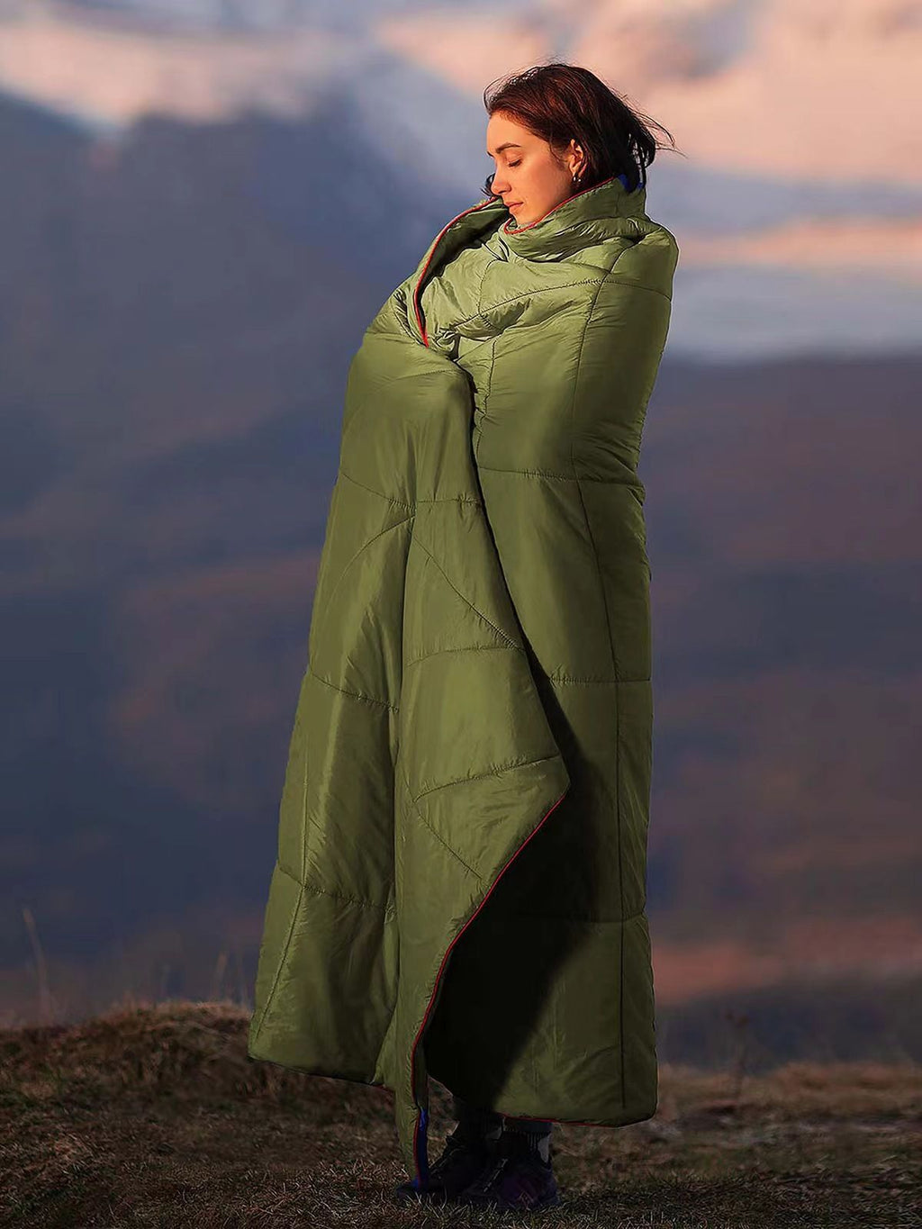 200x140cm Green Large Outdoor Camping Imitation Silk Cotton Wearable Warmth Blanket, Quilted Poncho Shawl Throw with Storage Bag, Lightweight Warm Camping Quilt for Camping Travel Home Use
