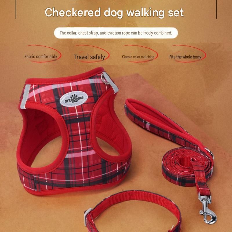 XXS Size Blue Classic Plaid Dog Harness Set- Breathable Mesh Vest and Adjustable Collar,WIith 1.5m Lead for pet, Anti-Pull Design