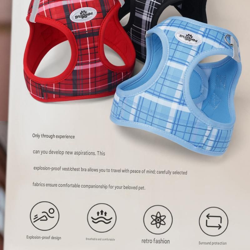XXS Size Blue Classic Plaid Dog Harness Set- Breathable Mesh Vest and Adjustable Collar,WIith 1.5m Lead for pet, Anti-Pull Design
