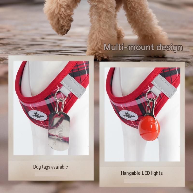 XS Size Blue Classic Plaid Dog Harness Set- Breathable Mesh Vest and Adjustable Collar,WIith 1.5m Lead for pet, Anti-Pull Design