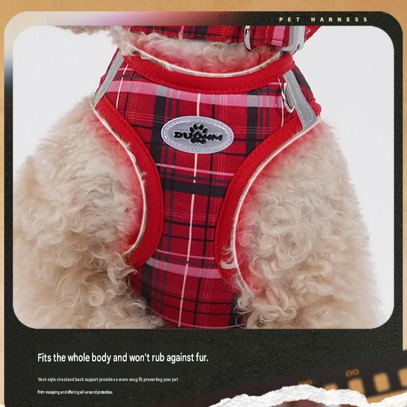 M Size Blue Classic Plaid Dog Harness Set- Breathable Mesh Vest and Adjustable Collar,WIith 1.5m Lead for pet, Anti-Pull Design