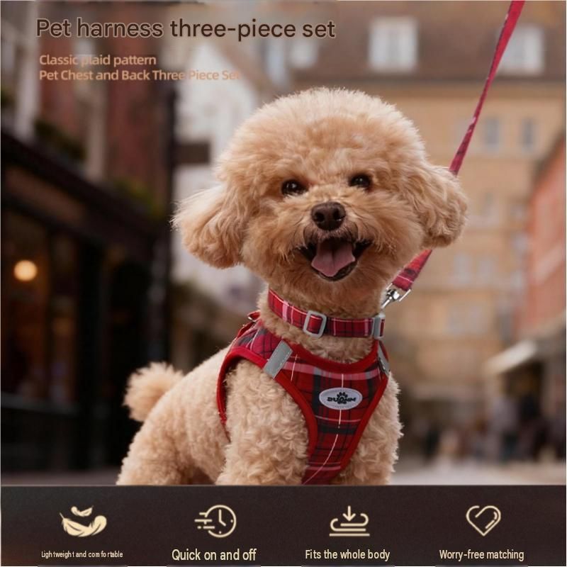 L Size Blue Classic Plaid Dog Harness Set- Breathable Mesh Vest and Adjustable Collar,WIith 1.5m Lead for pet, Anti-Pull Design