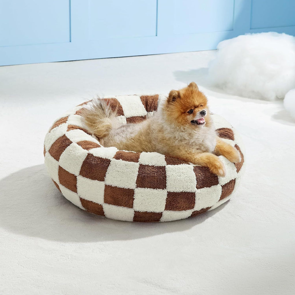 Coffee Plaid Plush Donut Pet Bed – Round Dog & Cat Bed with Raised Rim, Cozy Calming Cushion, Washable, 50cm