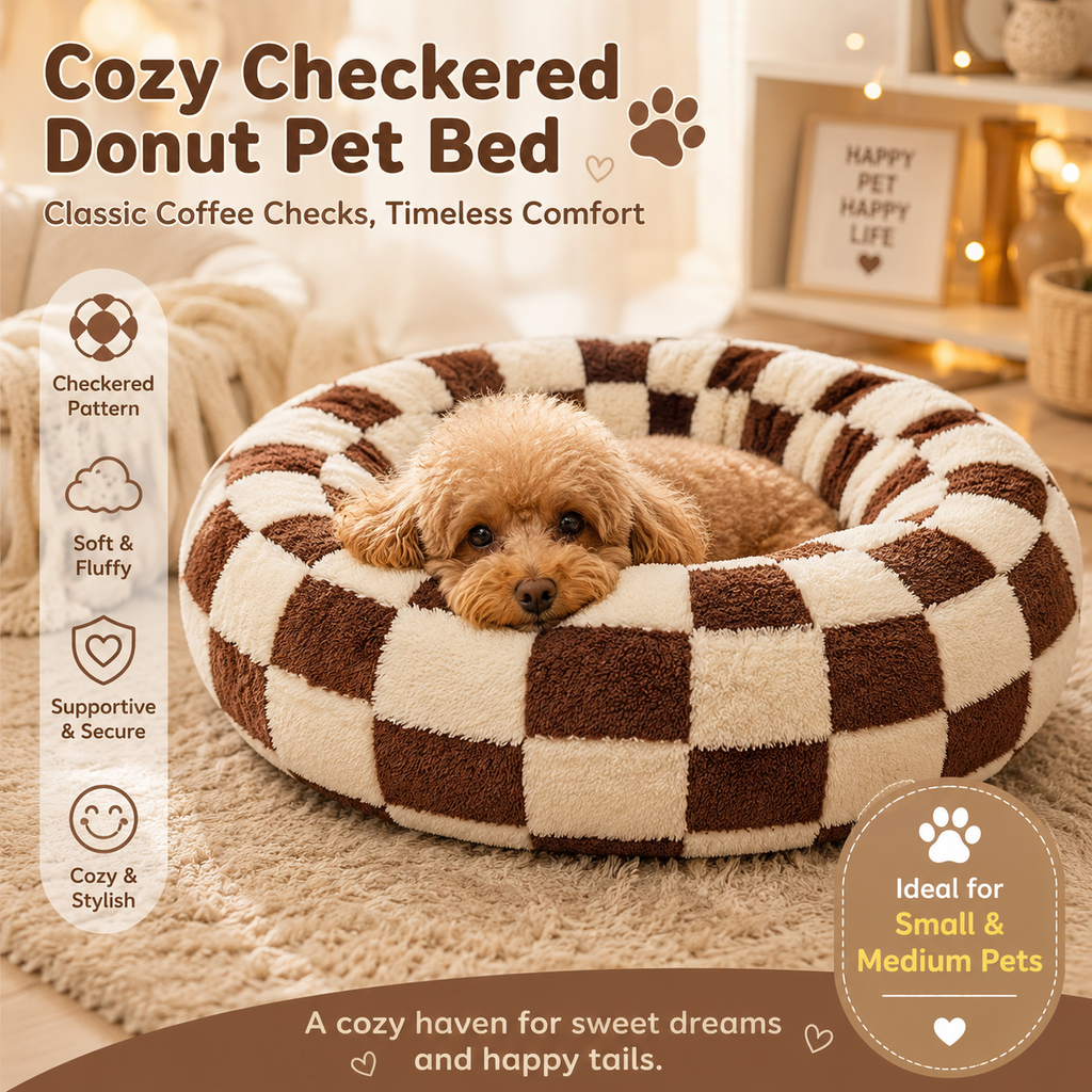 Coffee Plaid Plush Donut Pet Bed – Round Dog & Cat Bed with Raised Rim, Cozy Calming Cushion, Washable, 60cm
