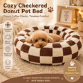Coffee Plaid Plush Donut Pet Bed – Round Dog & Cat Bed with Raised Rim, Cozy Calming Cushion, Washable, 60cm