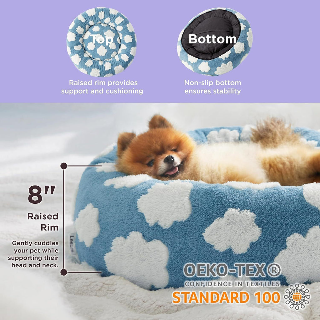 Coffee Plaid Plush Donut Pet Bed – Round Dog & Cat Bed with Raised Rim, Cozy Calming Cushion, Washable, 60cm
