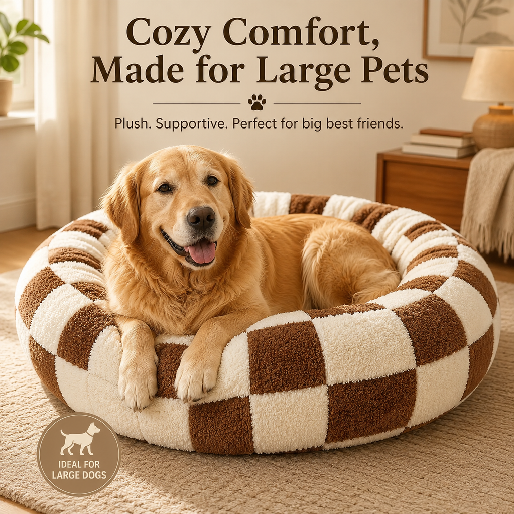 Plush Donut Pet Bed with Raised Rim & Washable Cover – Coffee Plaid, 70cm