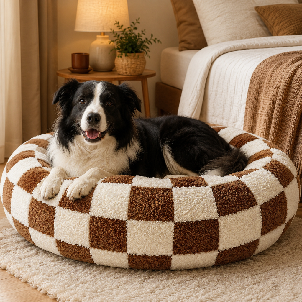 Plush Donut Pet Bed with Raised Rim & Washable Cover – Coffee Plaid, 70cm
