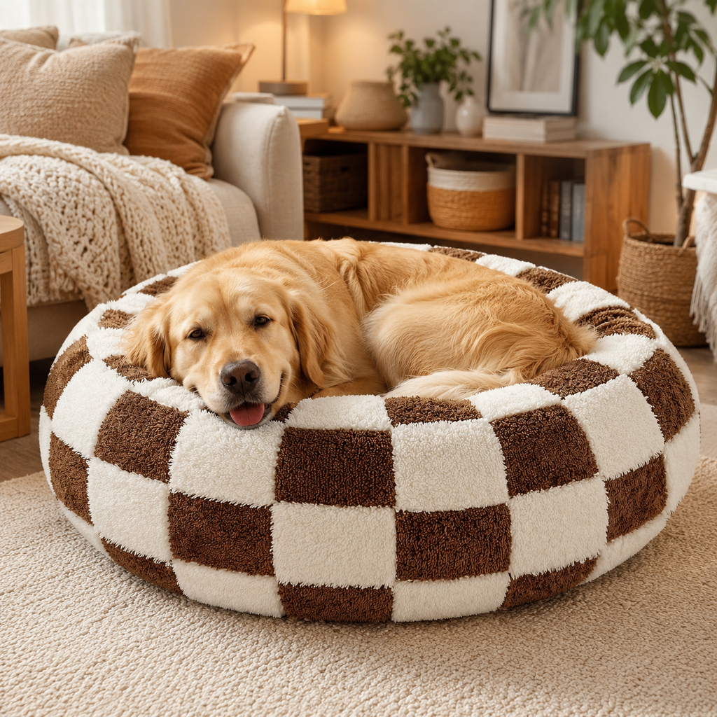 Plush Donut Pet Bed with Raised Rim & Washable Cover – Coffee Plaid, 70cm