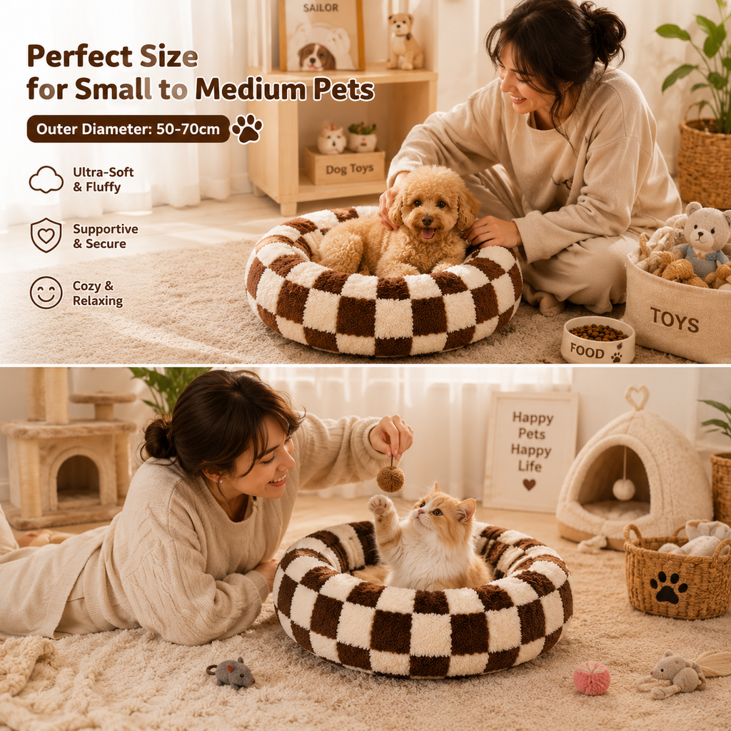 Plush Donut Pet Bed with Raised Rim & Washable Cover – Coffee Plaid, 80cm