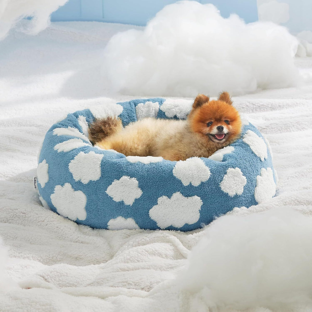 Plush Donut Pet Bed with Raised Rim & Washable Cover – Blue Cloud, 50cm