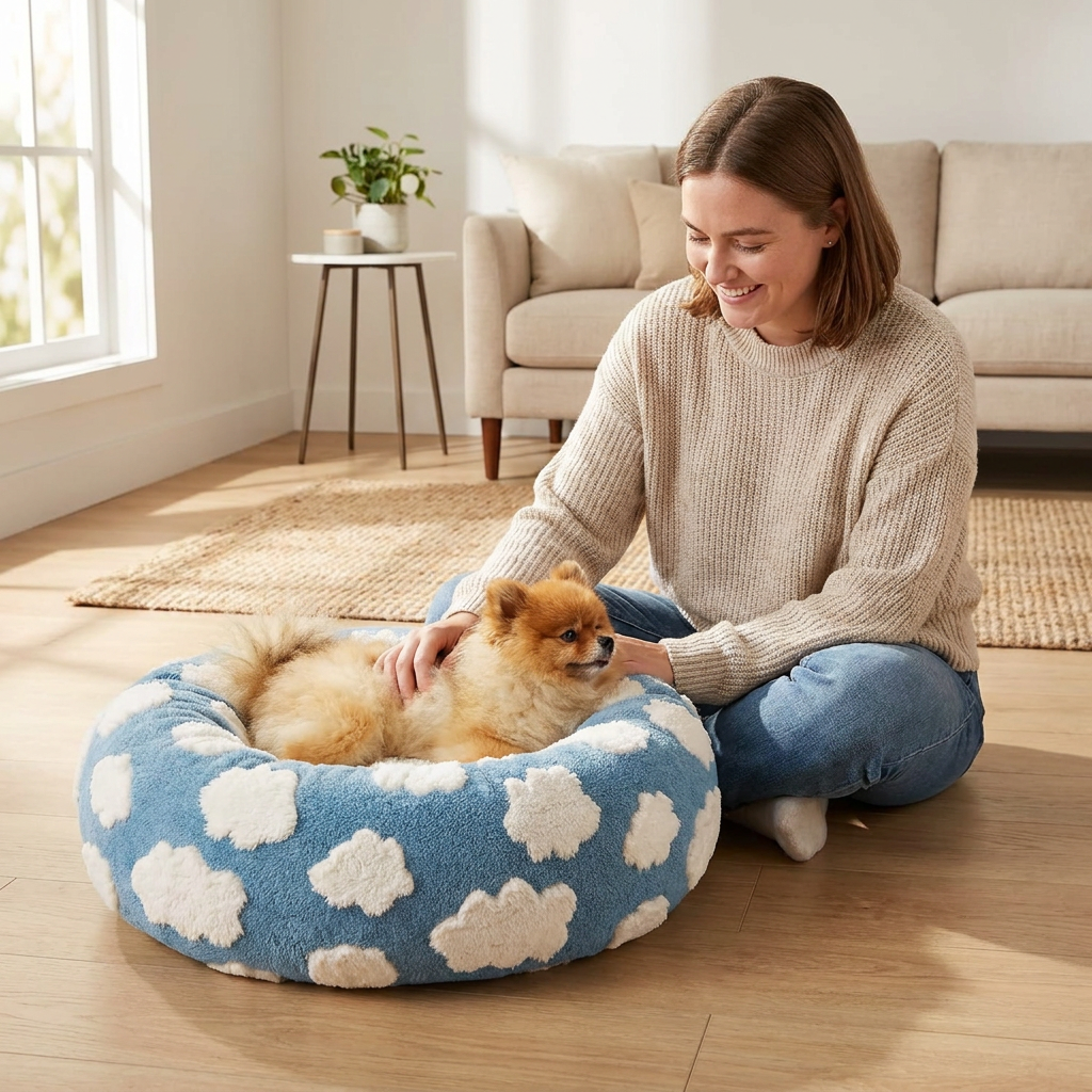 Plush Donut Pet Bed with Raised Rim & Washable Cover – Blue Cloud, 60cm