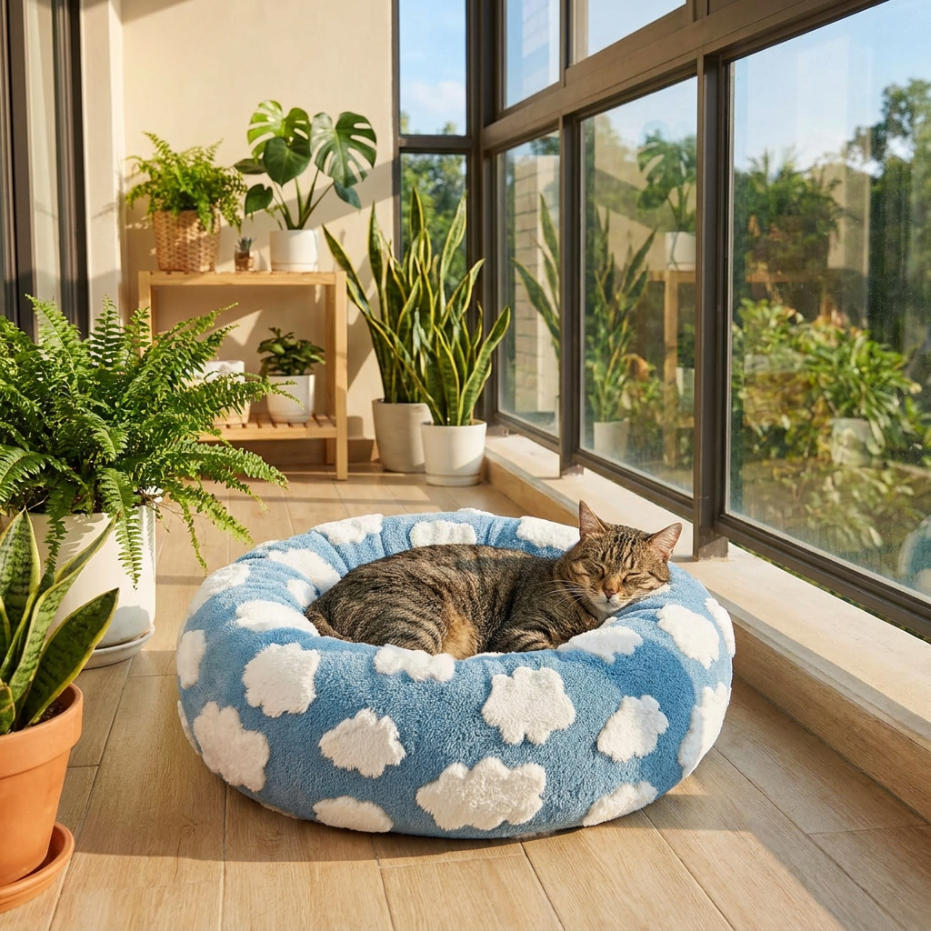 Plush Donut Pet Bed with Raised Rim & Washable Cover – Blue Cloud, 60cm
