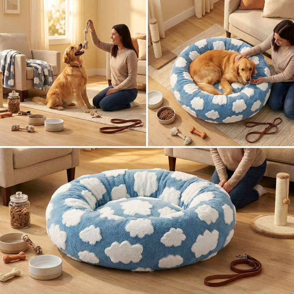 Plush Donut Pet Bed with Raised Rim & Washable Cover – Blue Cloud, 40cm
