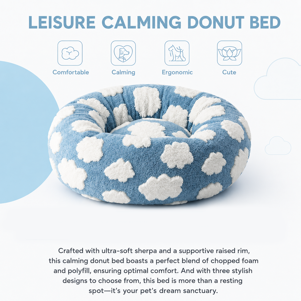 Plush Donut Pet Bed with Raised Rim & Washable Cover – Blue Cloud, 40cm