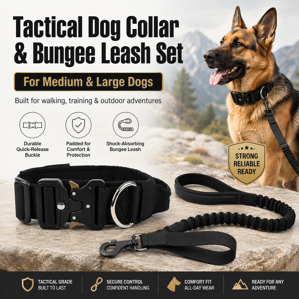 Black Tactical Dog Collar & Bungee Lead Set – Padded Quick Release Collar, Control Handle & Shock-Absorbing Leash – L