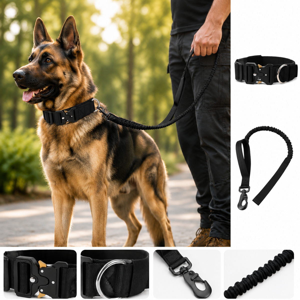 Black Tactical Dog Collar & Bungee Lead Set – Padded Quick Release Collar, Control Handle & Shock-Absorbing Leash – L