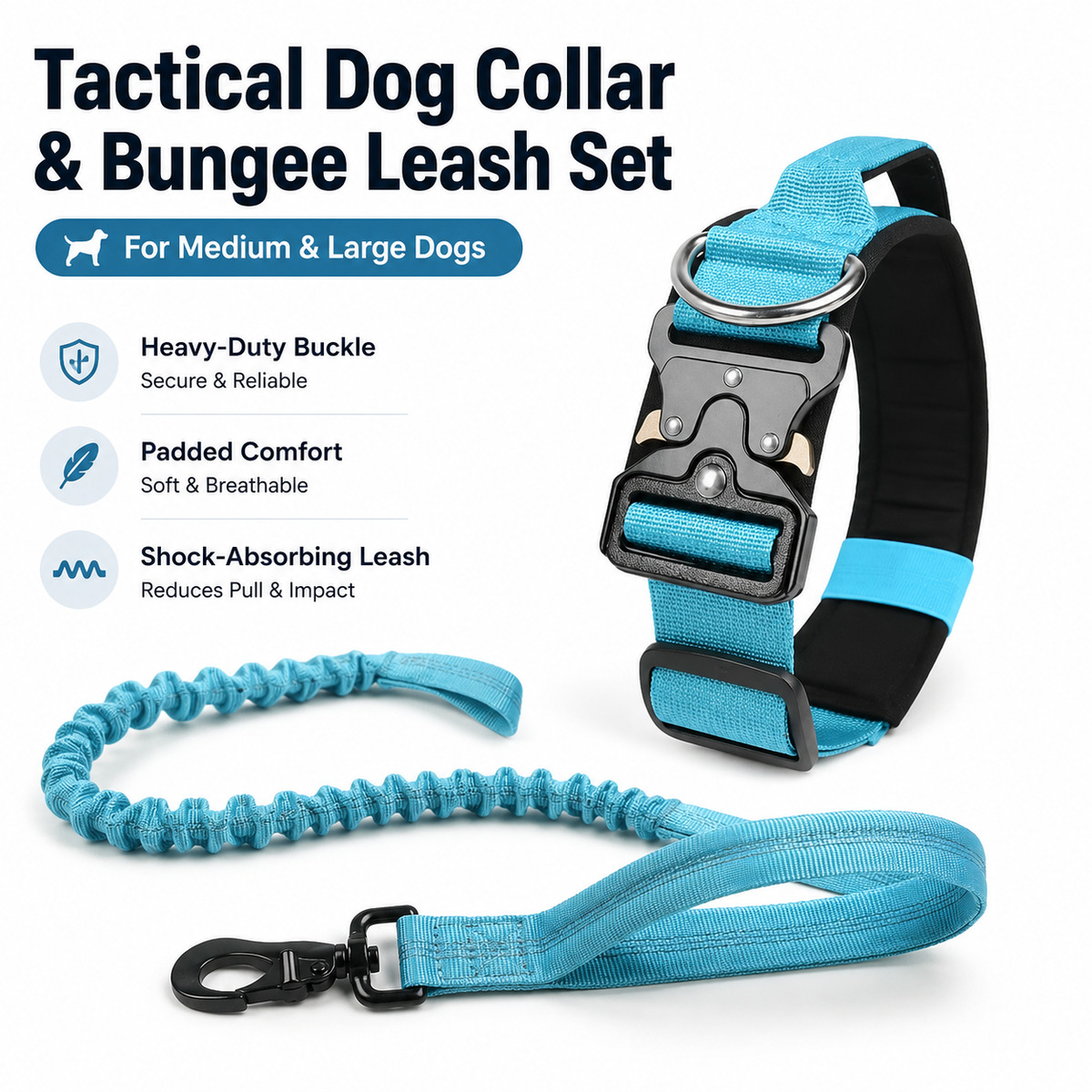 Blue Tactical Dog Collar & Bungee Lead Set – Padded Quick Release Collar, Control Handle & Shock-Absorbing Leash – M