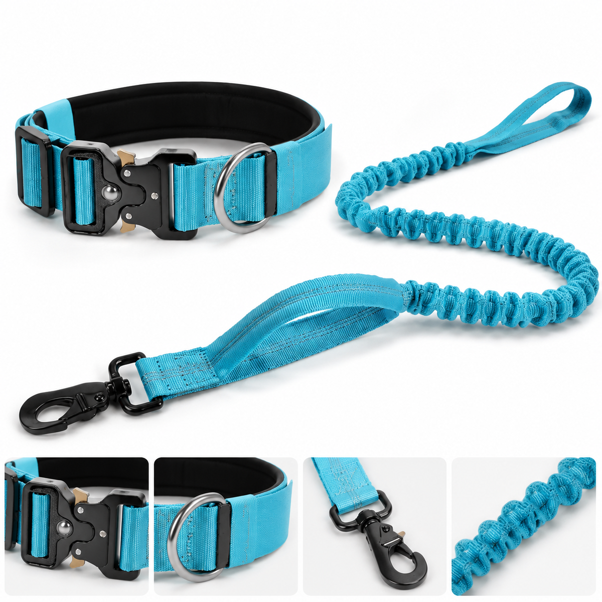 Blue Tactical Dog Collar & Bungee Lead Set – Padded Quick Release Collar, Control Handle & Shock-Absorbing Leash – XL